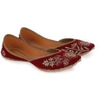 Black Women's Velvet Leather Embellished Punjabi Juttis - Traditional Maroon Flats