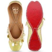 Women's Mussel Yellow Embellished Leather Punjabi Jutti - Handcrafted Ethnic Flats