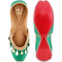 Women's Green Leather Embellished Punjabi Jutti - Handcrafted Ethnic Slip-On Flats