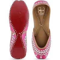 Women's Pink Leather Mirror Embellished Punjabi Jutti Flats - Handcrafted Ethnic Footwear