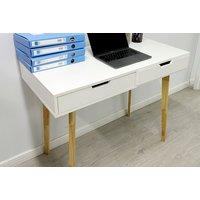 Ivory White Wooden Desk with Drawers - Bedroom Vanity Table, Rustic MDF, 2-Drawer Storage