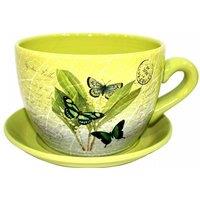 Giant Green Butterfly Terracotta Tea Cup Planter - Jumbo Outdoor Pot Tub
