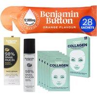 Benjamin Button Advanced 98% Snail Mucin Serum 100ml, 5 Pack Hydrating Collagen Sheet Masks and Months Supply of Marine Collagen Liquid Sachets Bundle