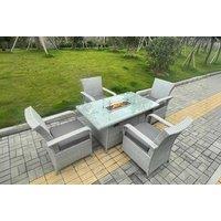 Grey Rattan Fire Pit Dining Set - 4 Reclining Chairs & Gas Table, Weather-Resistant Outdoor Furniture