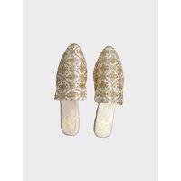 Black Famolare Women's Handcrafted Golden Embroidery Flat Slip-On Mules - Premium Fabric, Cushioned Comfort