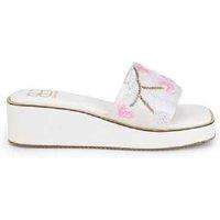 Women's White Embroidered Ethnic Wedge Sandals - PU Sole, Comfortable Slip-On Flats