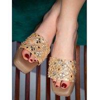 Women's Beige Mirror Work Ethnic Wedge Sandals - Comfortable Slip-On Dress Shoes