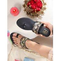 ZARA Women's Embellished Black Vegan Leather Slip-On Kolhapuri Sandals