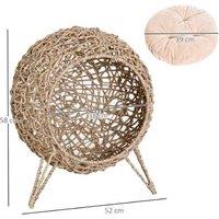 Pawhut Woven Rattan Tripod Cat Bed - Handcrafted Wicker Elevated Pet Chair, Soft Cushion, Scandi Style