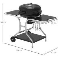 Heavy-Duty Charcoal Grill Trolley with Dual Side Trays & Wheels - Steel Construction, Removable Ash Catcher