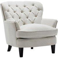 Buttoned Back Linen Armchair with Sturdy Wooden Legs