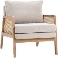 Cushioned Wooden Armchair with Light Grey Upholstery - Caned Sides & Solid Construction