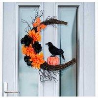 Halloween Orange & Black Crow Moon Wreath Door Hanging - Decorative Wall Art, Durable Mixed Materials, Spooky Statement Piece