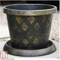 Black & Gold Plastic Flowerpot with Saucer - Large, Weatherproof Planter