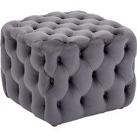Plush Velvet Upholstered Square Footstool with Buttons - Grey