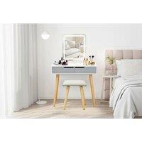 Alivio Vanity Dressing Table Set with Rectangle LED Adjustable Light Mirror, Drawers & Cushioned Stool - Grey