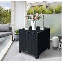 Outsunny Black Rattan Side Table - Weather-Resistant PE Wicker with Tempered Glass Top, Modern Outdoor Patio Furniture