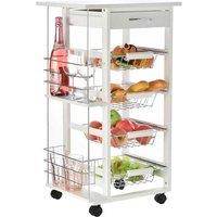HOMCOM White Wood Kitchen Island Trolley - Compact Storage Cart with Metal Baskets & Wheels