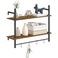 HOMCOM Rustic Brown Wall-Mounted Storage Shelf with 4 Hooks - 2-Tier, Steel & Wood, Space-Saving