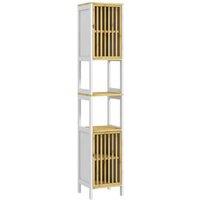 HOMCOM Bamboo-Blend Freestanding Tall Bathroom Storage Cabinet - Retro Cut-Out, Adjustable Shelves, Space-Saving