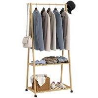 HOMCOM Natural Bamboo Clothes Rack with Hooks & Shelves - Space-Saving Living Room Storage