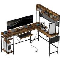 HOMCOM 160cm L-Shaped Corner Desk with Storage & Charging Station, Brown - Contemporary Home Office & Living Room Workspace