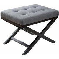 Classic Linen Buttoned Footstool with Modern X-Shaped Rubberwood Legs