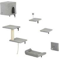 PawHut 6PC Cat Wall Set - Modern Space-Saving Cat Tree with Condo, Platforms & Scratching Post, Grey