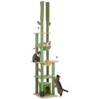 PawHut Adjustable Floor-to-Ceiling Cat Tree Tower, Plush Green, Multi-Level, 225-255cm, Scratching Posts