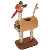 PawHut 98cm Plush Deer Cat Tree with Scratching Posts, Tunnel & Toy - Brown