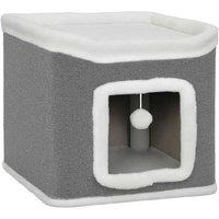 PawHut 2-Level Plush Indoor Cat Tree House with Bed & Hanging Toy Balls, Modern Grey, Space-Saving Design