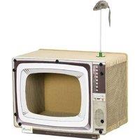 PawHut TV-Shaped Corrugated Cardboard Cat Scratcher House with Toy Mouse & Catnip - Interactive Enrichment, Durable, Space-Saving