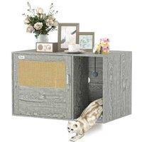 PawHut Boho Cat Litter Box Cabinet, Rattan Door, Grey, Multi-Function Side Table