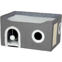 PawHut Foldable Cat House with Sisal Scratch Pad & Plush Ball Toy, Space-Saving Grey Cat Cave