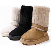 Unisex Black Fold Over Furry Snow Boots with Thick Sole and Buckle Flair