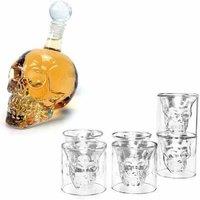 Glass Skull Decanter Set with 6 Cups - Lead-Free Gothic Tableware, 7-Piece Whiskey Gift Set