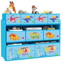 3-Tier Modular Kids Storage Unit - Wood & Fabric, 9 Removable Boxes, Dinosaur Design