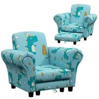 2pc Kids Sofa Set - Dinosaur Print, Blue - Soft Upholstered Nursery Armchair & Stool