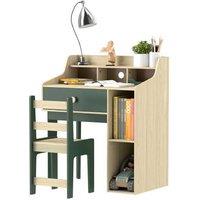 Kids Wooden Desk & Chair Set with Storage Shelves, Drawer - Green, Space-Saving Study Table