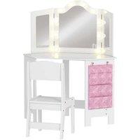 Kids White Vanity Table & Stool Set with LED Mirror - MDF, Adjustable, Child-Friendly