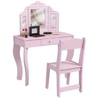 Kids Vanity Stool & Dressing Table Set - Pink MDF, Tri-Fold Mirror, Space-Saving Design