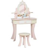Kids Pink Vanity Stool & Table Set - MDF & Beechwood, Removable Mirror, 7 Accessories