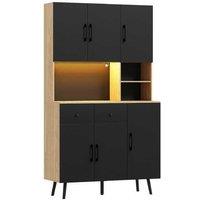 176cm Modular Kitchen Cupboard with LED Lights - Wood Effect & Black Pantry Storage Unit