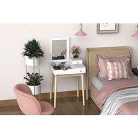 2-in-1 White Dressing Table with Flip-Up Mirror, MDF & Solid Pine - Compact Bedroom Vanity Desk with Storage Drawers