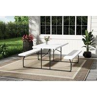 6-Seater Foldable Picnic Table & Bench Set with Parasol Hole - White