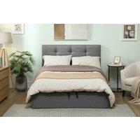 4ft6 Double Ottoman Bed Frame with Gas Lift Storage - Grey Linen Upholstery, Modern Tufted Headboard