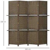 4-Panel Wooden Room Divider with Shelves - Brown Wavy Fibre Storage Screen