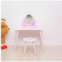 2 Piece Solid Wood Kids Dressing Table Set with Mirror & Stool - Pink Bedroom Vanity
