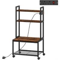 4-Tier Metal & Wood Printer Stand with Power Outlets, Wheels - Industrial Storage Trolley