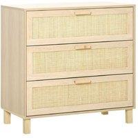 3 Drawer Wooden Freestanding Storage Cupboard - Rattan Panel Tallboy Chest for Bedroom & Hallway